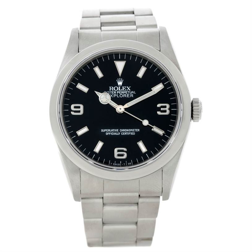The image shows a front view of the Rolex Explorer 14270 Men's Stainless Steel Black Dial 14270 Men's Stainless Steel Black Dial watch, highlighting its stainless steel case and black dial.