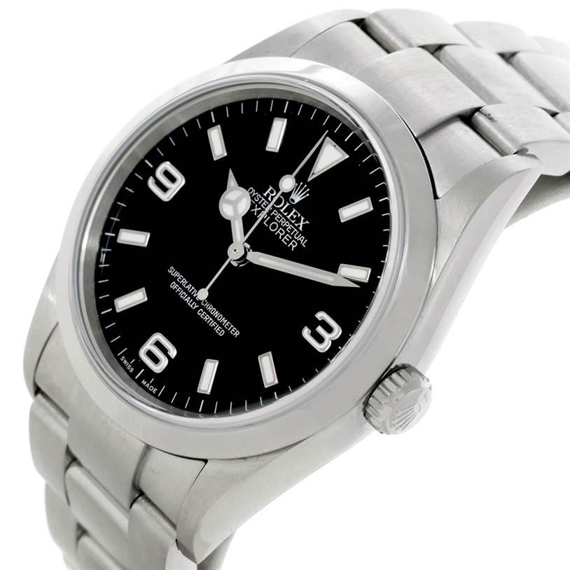 The image shows a close-up, angled view of the Rolex Explorer 114270 Men's Stainless Steel Black Dial 114270 Men's Stainless Steel Black Dial watch, displaying its face, bezel, and bracelet.