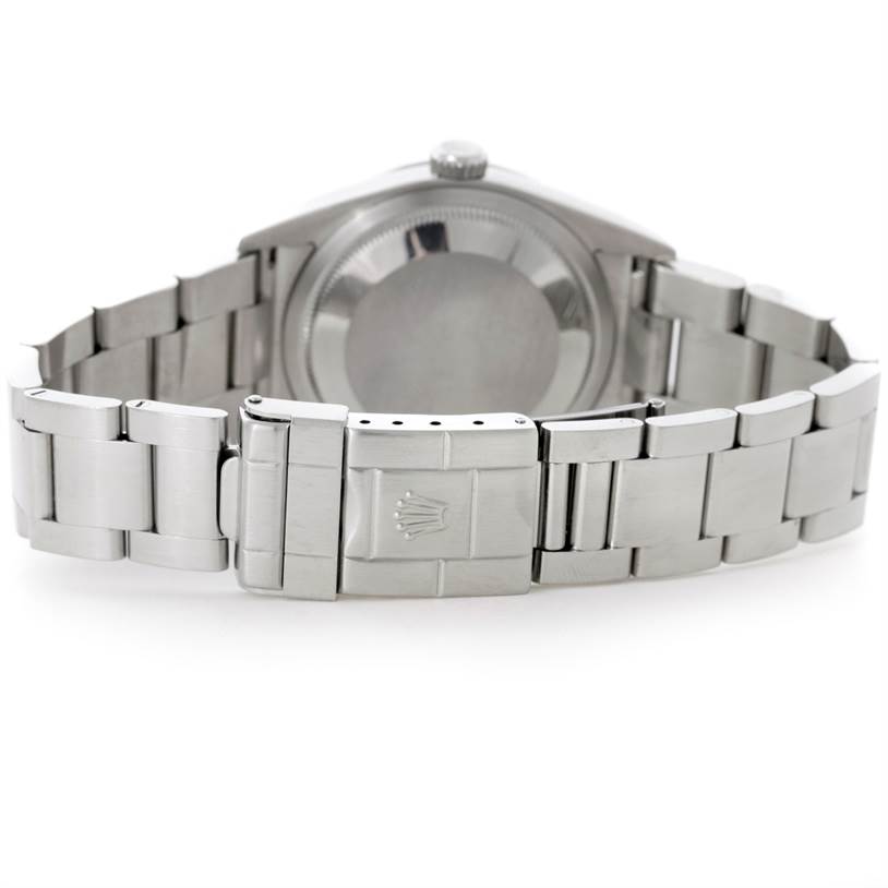 The image shows the back view of a Rolex Explorer 114270 Men's Stainless Steel Black Dial 114270 Men's Stainless Steel Black Dial watch, highlighting the clasp and the case back.