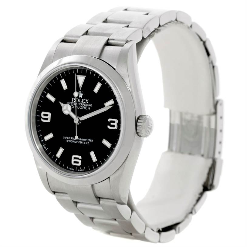 The Rolex Explorer 114270 Men's Stainless Steel Black Dial 114270 Men's Stainless Steel Black Dial watch is shown from a front angle, displaying the face, bezel, and part of the bracelet.