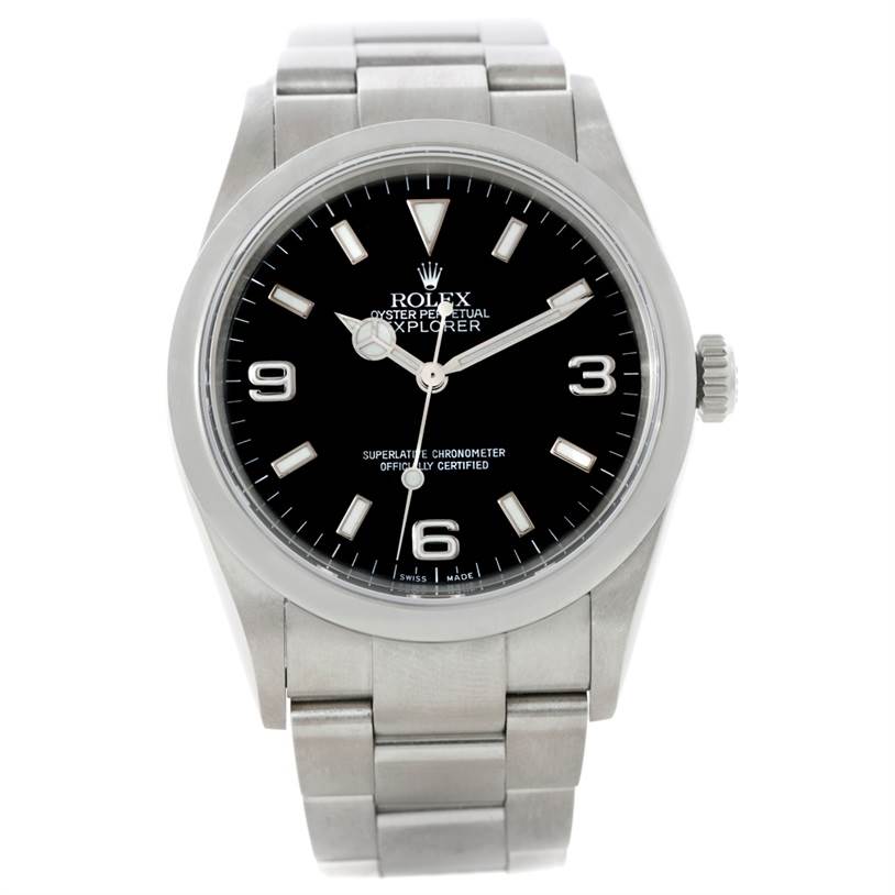 The image shows the Rolex Explorer 114270 Men's Stainless Steel Black Dial 114270 Men's Stainless Steel Black Dial watch from a top-down angle, highlighting its dial, bezel, crown, and bracelet.