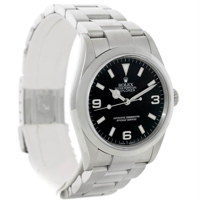 The image shows a Rolex Explorer 114270 Men's Stainless Steel Black Dial 114270 Men's Stainless Steel Black Dial model watch at a slight angle, highlighting its face, bezel, and bracelet.