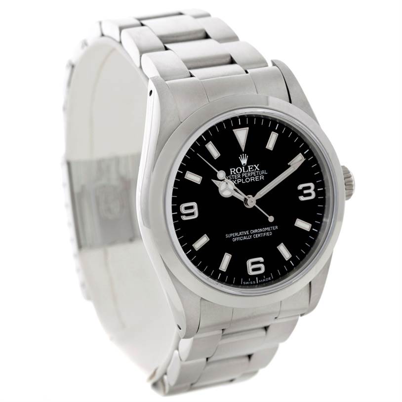 The image shows a Rolex Explorer 14270 Men's Stainless Steel Black Dial 14270 Men's Stainless Steel Black Dial watch at a three-quarter angle, showcasing the dial, case, crown, and bracelet.
