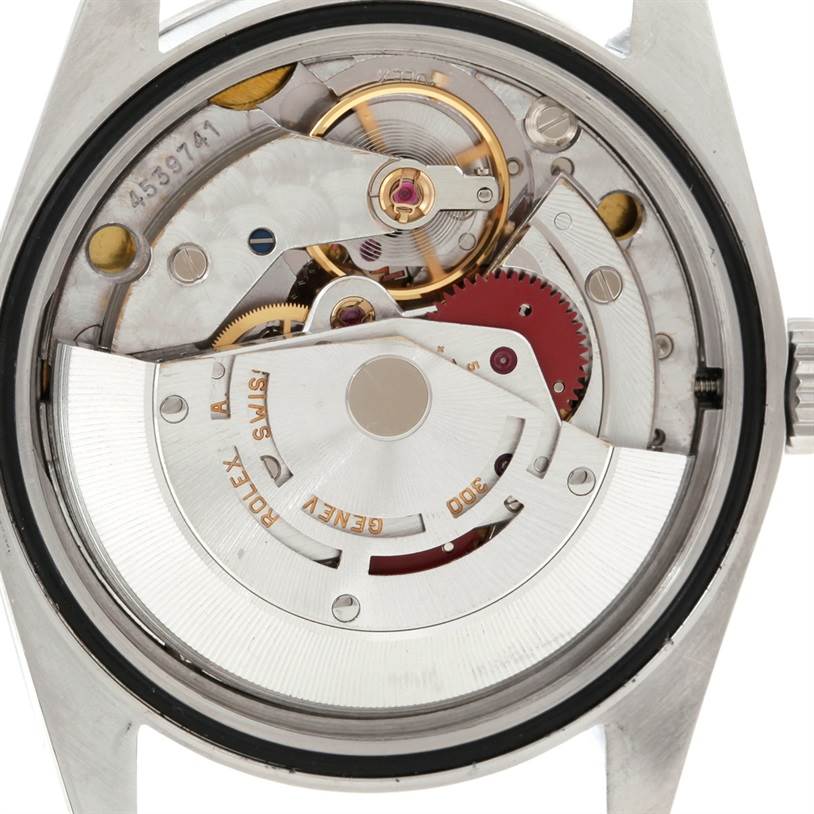 The image shows the internal movement mechanism of a Rolex Explorer 14270 Men's Stainless Steel Black Dial 14270 Men's Stainless Steel Black Dial watch, viewed from the back.