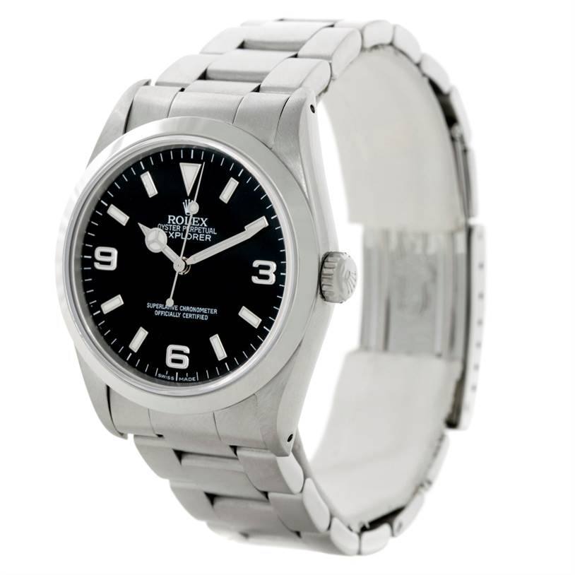 This image shows the front and side view of the Rolex Explorer 14270 Men's Stainless Steel Black Dial 14270 Men's Stainless Steel Black Dial watch, highlighting its black dial and stainless steel bracelet.