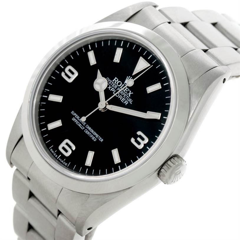 The image shows a close-up angle of the Rolex Explorer 14270 Men's Stainless Steel Black Dial 14270 Men's Stainless Steel Black Dial model, displaying the face, bracelet, crown, and part of the case.