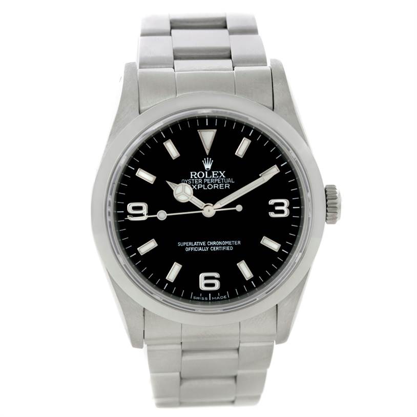 The image shows a front view of a Rolex Explorer 14270 Men's Stainless Steel Black Dial 14270 Men's Stainless Steel Black Dial watch, highlighting its black dial, stainless steel case, and bracelet.