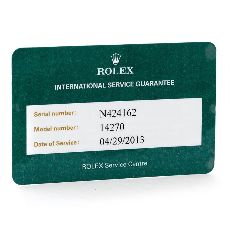 The image shows a Rolex International Service Guarantee card for the Explorer model.