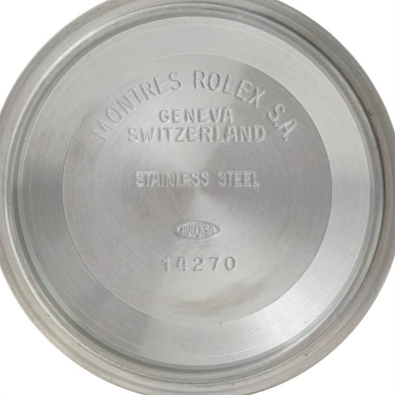 The image shows the inside of the case back of a Rolex Explorer 14270 Men's Stainless Steel Black Dial 14270 Men's Stainless Steel Black Dial model.