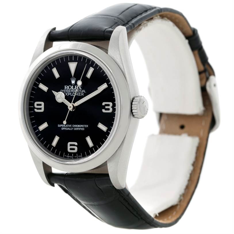 The image shows a Rolex Explorer 14270 Men's Stainless Steel Black Dial 14270 Men's Stainless Steel Black Dial watch from an oblique front angle, highlighting the dial, case, crown, and leather strap.