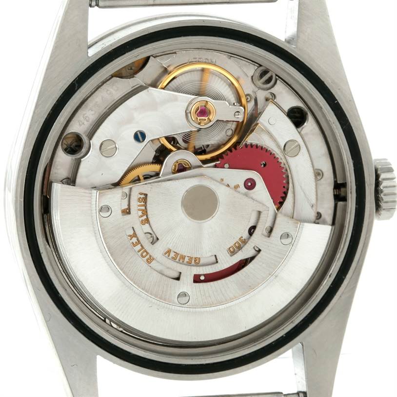 This image shows the rear view of a Rolex Explorer 14270 Men's Stainless Steel Black Dial 14270 Men's Stainless Steel Black Dial watch, highlighting its internal mechanical movement.