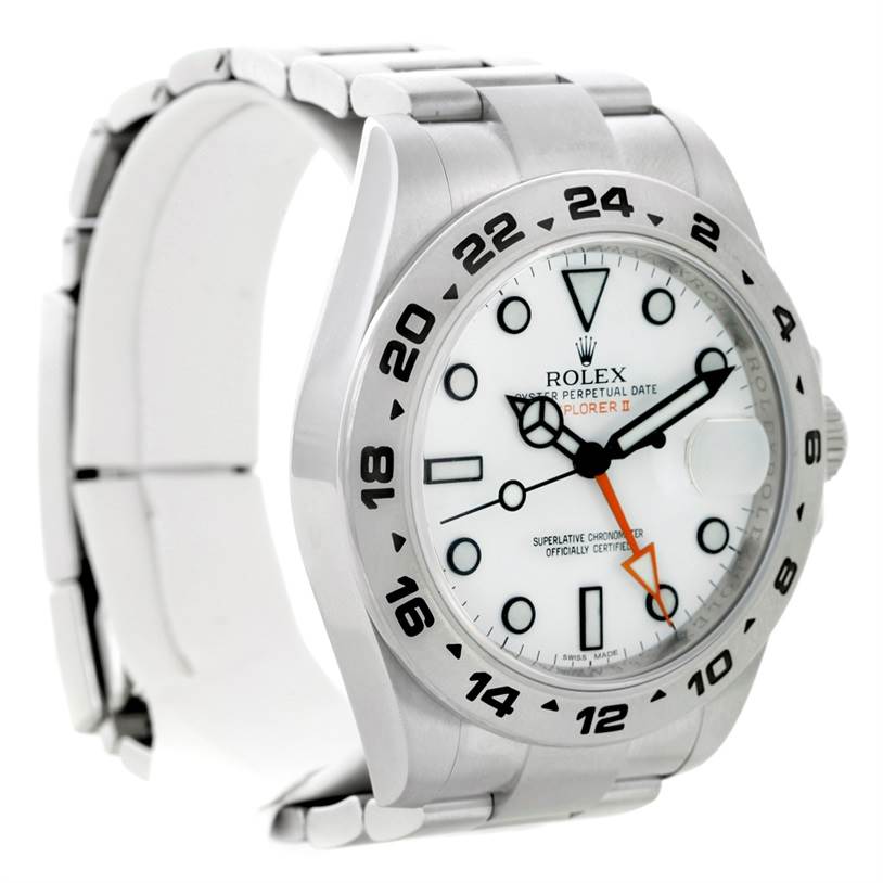 This image shows a side-angle view of a Rolex Explorer 216570 Men
s Stainless Steel White Dial 216570 Men
s Stainless Steel White Dial watch, highlighting its white dial, bezel, and stainless steel bracelet.