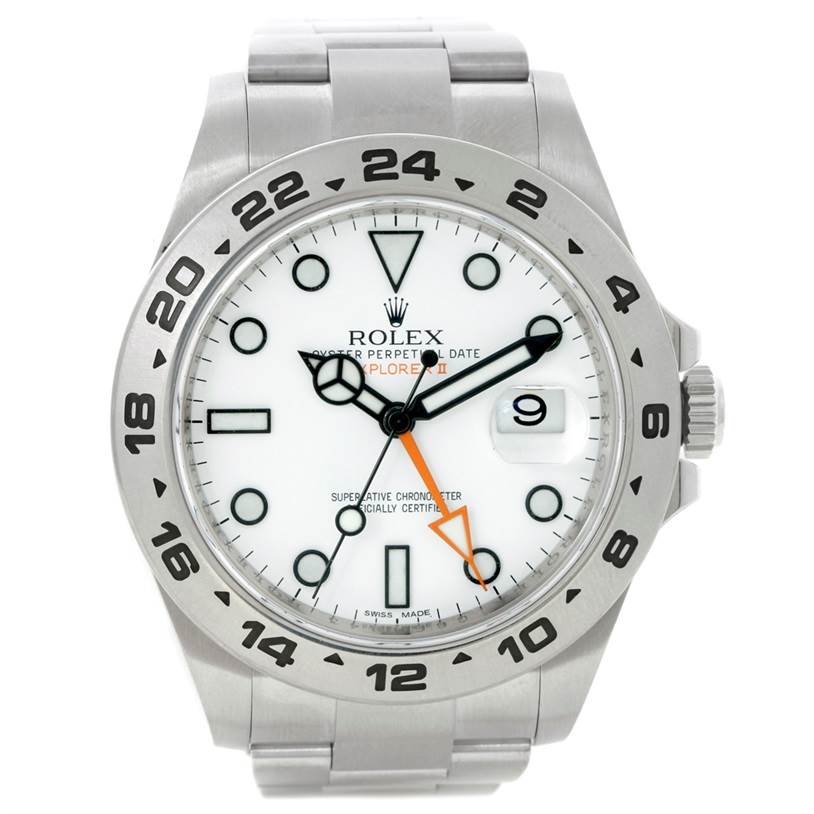 The image shows a front view of the Rolex Explorer 216570 Men
s Stainless Steel White Dial 216570 Men
s Stainless Steel White Dial watch, focusing on the dial and bezel.
