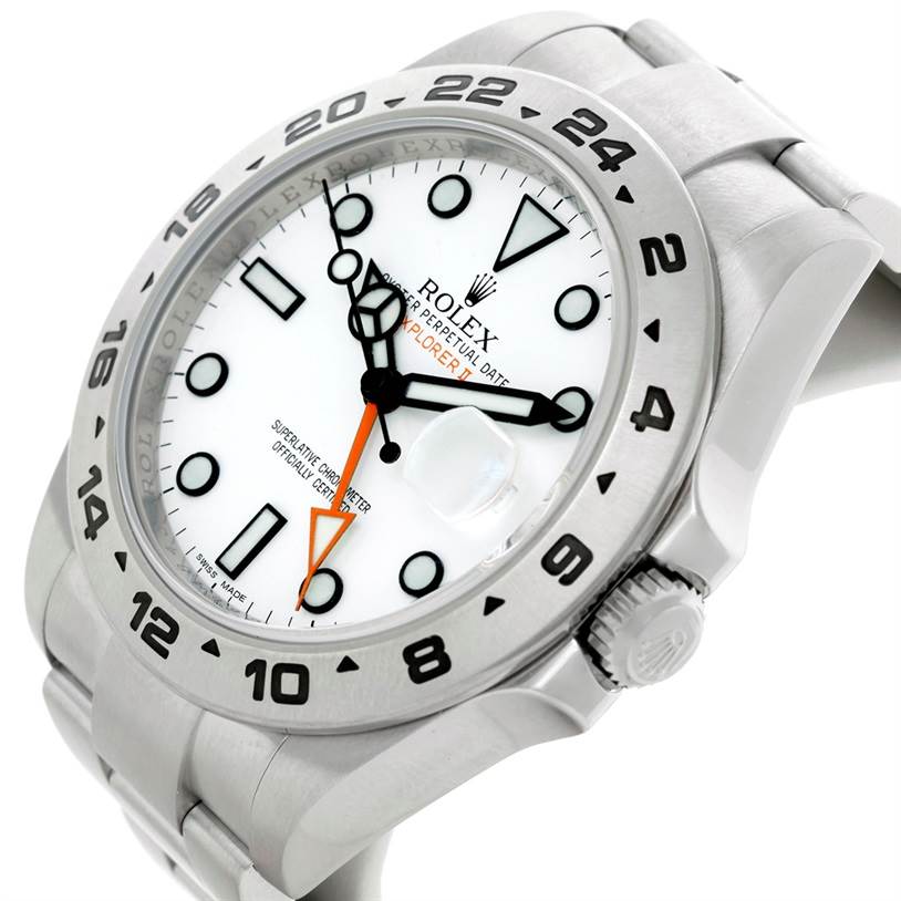 The image shows a Rolex Explorer 216570 Men
s Stainless Steel White Dial 216570 Men
s Stainless Steel White Dial watch at an oblique angle, highlighting the face, bezel, and part of the bracelet.