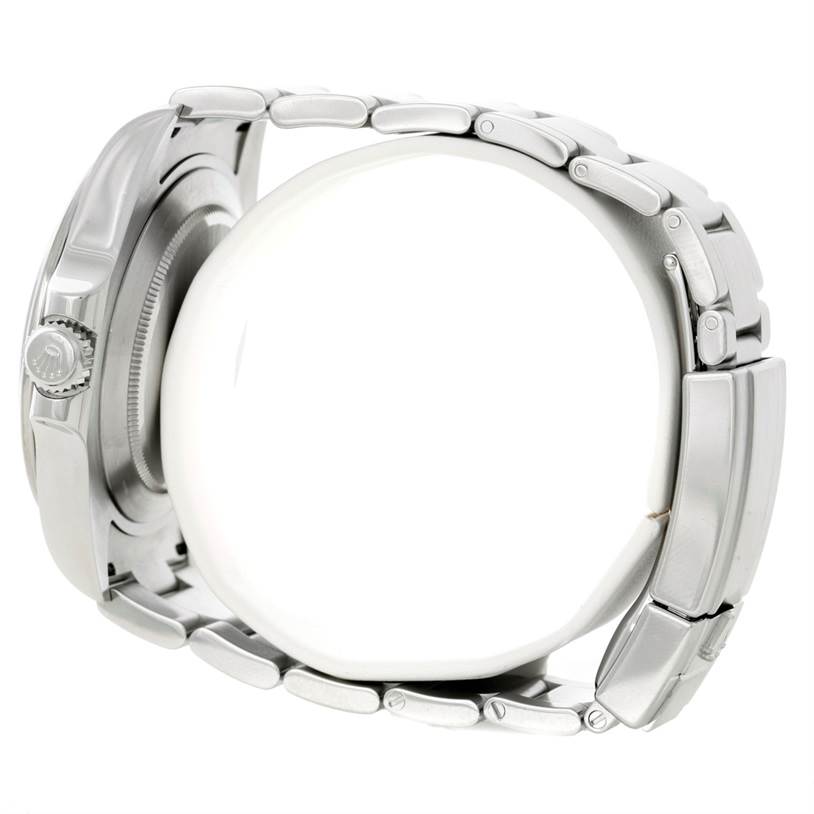 The image shows a side profile of the Rolex Explorer 216570 Men
s Stainless Steel White Dial 216570 Men
s Stainless Steel White Dial watch, highlighting the crown, case, and bracelet.