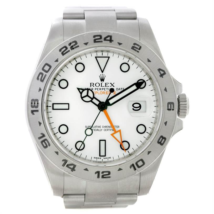 This is a front view of the Rolex Explorer 216570 Men's Stainless Steel White Dial 216570 Men's Stainless Steel White Dial watch showing the dial, bezel, and bracelet.