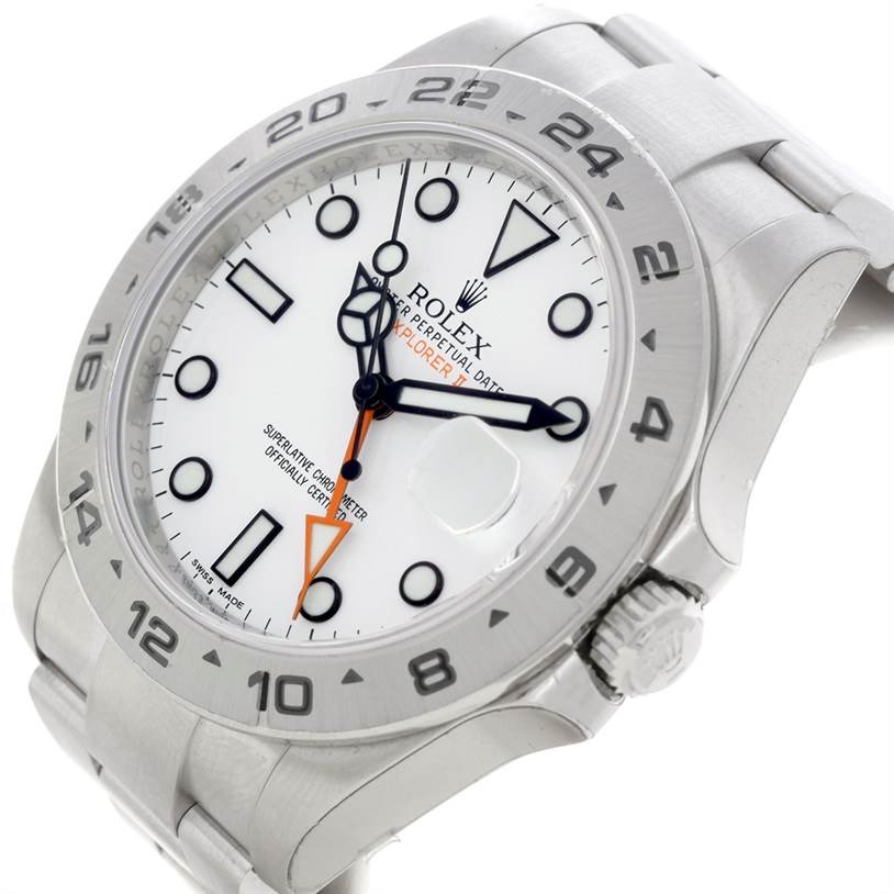 This image shows a side angle of the Rolex Explorer 216570 Men's Stainless Steel White Dial 216570 Men's Stainless Steel White Dial watch, highlighting the bezel, dial, crown, and part of the bracelet.