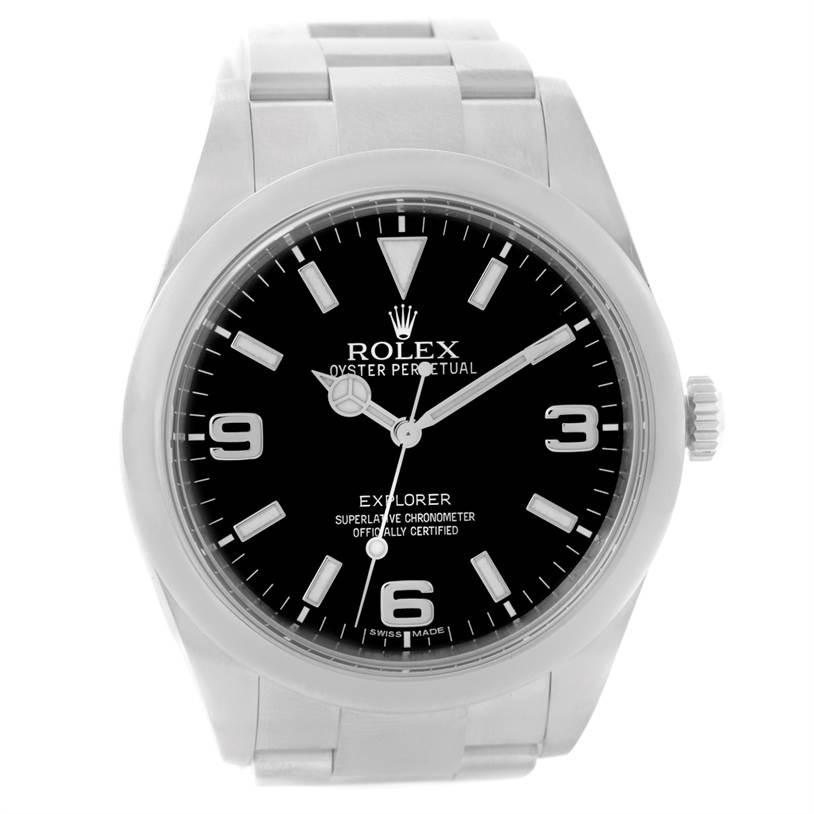 This image shows a front view of a Rolex Explorer 214270 Men's Stainless Steel Black Dial 214270 Men's Stainless Steel Black Dial model with visible dial, bezel, crown, and part of the bracelet.
