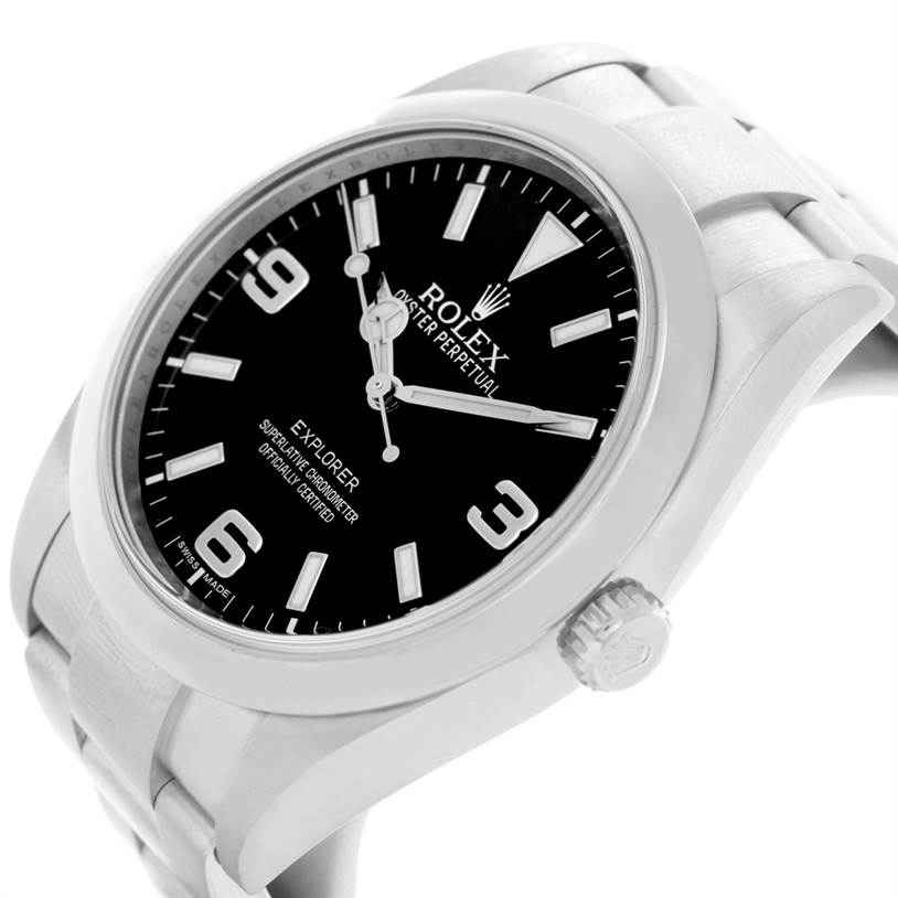 The image shows a Rolex Explorer 214270 Men's Stainless Steel Black Dial 214270 Men's Stainless Steel Black Dial watch at an angled view, featuring its face, crown, and part of the bracelet.