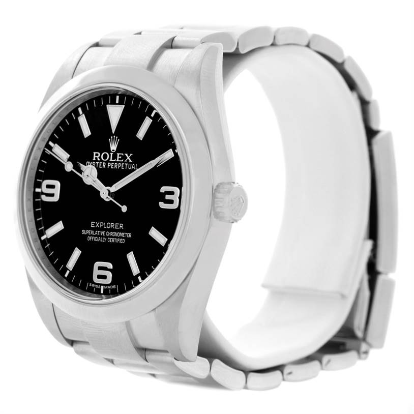 The image shows a side view of the Rolex Explorer 214270 Men's Stainless Steel Black Dial 214270 Men's Stainless Steel Black Dial watch, highlighting the case, bezel, dial, bracelet, and crown.
