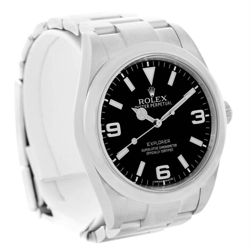 The image shows a Rolex Explorer 214270 Men's Stainless Steel Black Dial 214270 Men's Stainless Steel Black Dial watch viewed from an oblique angle, displaying the face, bezel, and part of the bracelet.