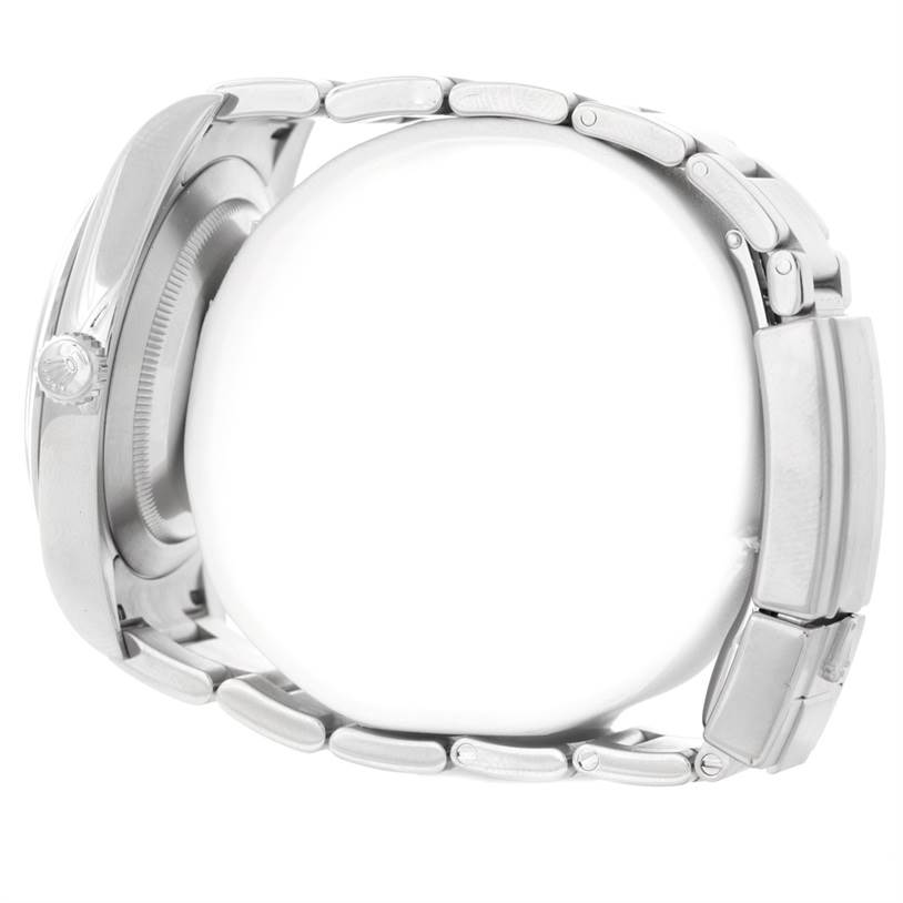 This image shows the side view of a Rolex Explorer 214270 Men's Stainless Steel Black Dial 214270 Men's Stainless Steel Black Dial watch, highlighting the bracelet and crown.