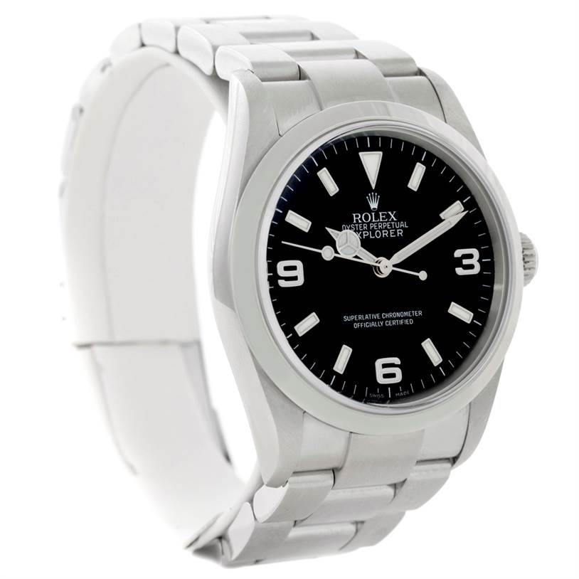 The image shows a Rolex Explorer 114270 Men's Stainless Steel Black Dial 114270 Men's Stainless Steel Black Dial watch in a three-quarter front angle, highlighting its dial, bezel, case, and bracelet.