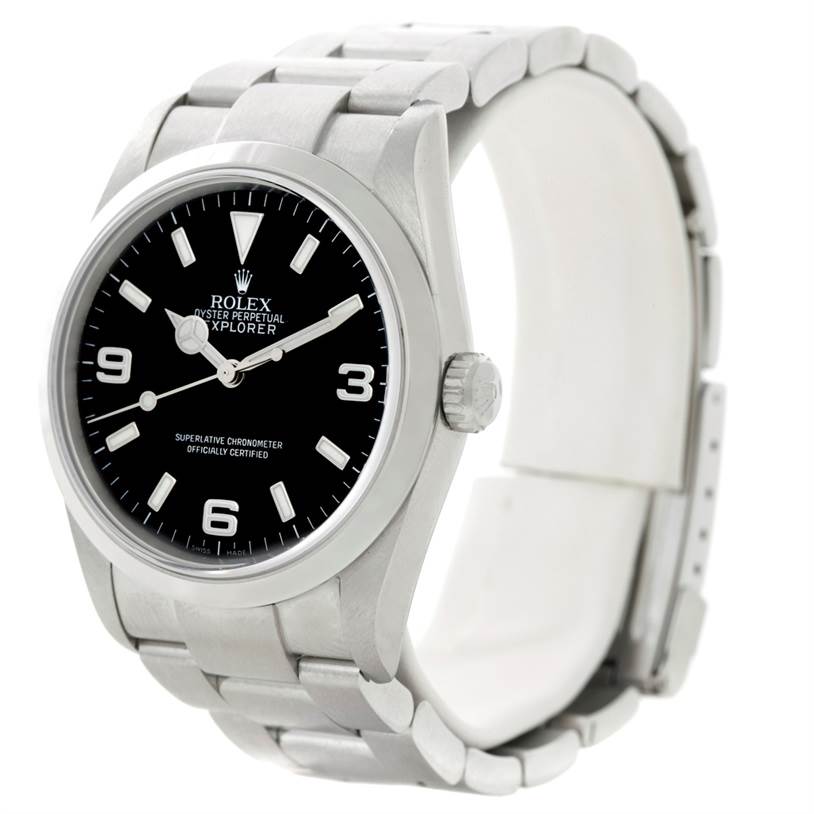 The image displays a side-angle view of a Rolex Explorer 114270 Men's Stainless Steel Black Dial 114270 Men's Stainless Steel Black Dial watch, showing the face, bezel, crown, and bracelet.