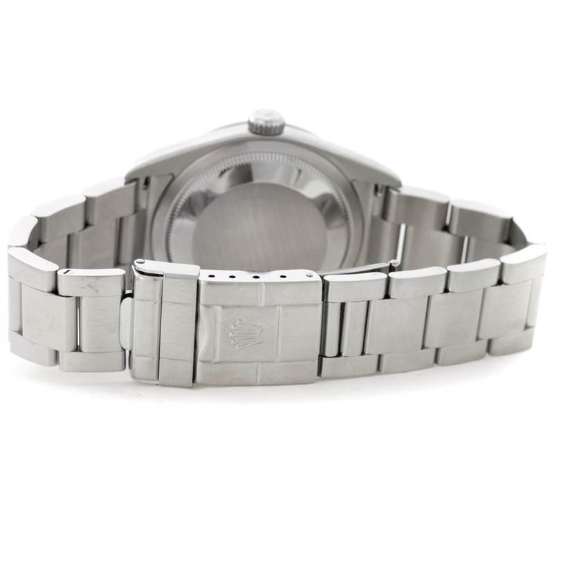 This image shows the backside and clasp of a Rolex Explorer 114270 Men's Stainless Steel Black Dial 114270 Men's Stainless Steel Black Dial watch, highlighting the stainless steel bracelet and case back.