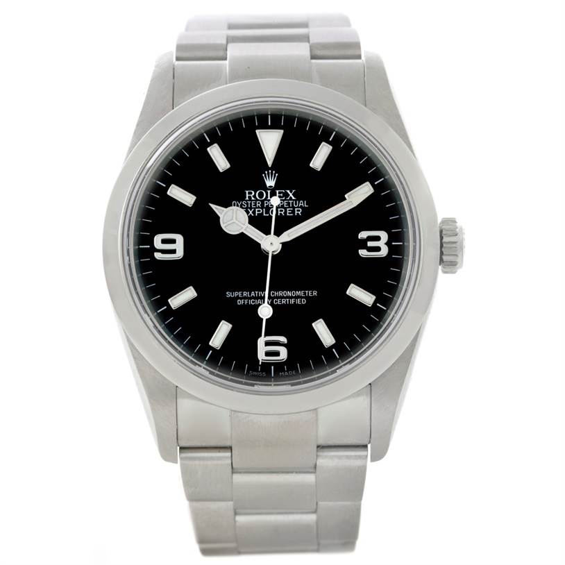 The image shows a front view of a Rolex Explorer 114270 Men's Stainless Steel Black Dial 114270 Men's Stainless Steel Black Dial watch, displaying its dial, bezel, case, crown, and bracelet.