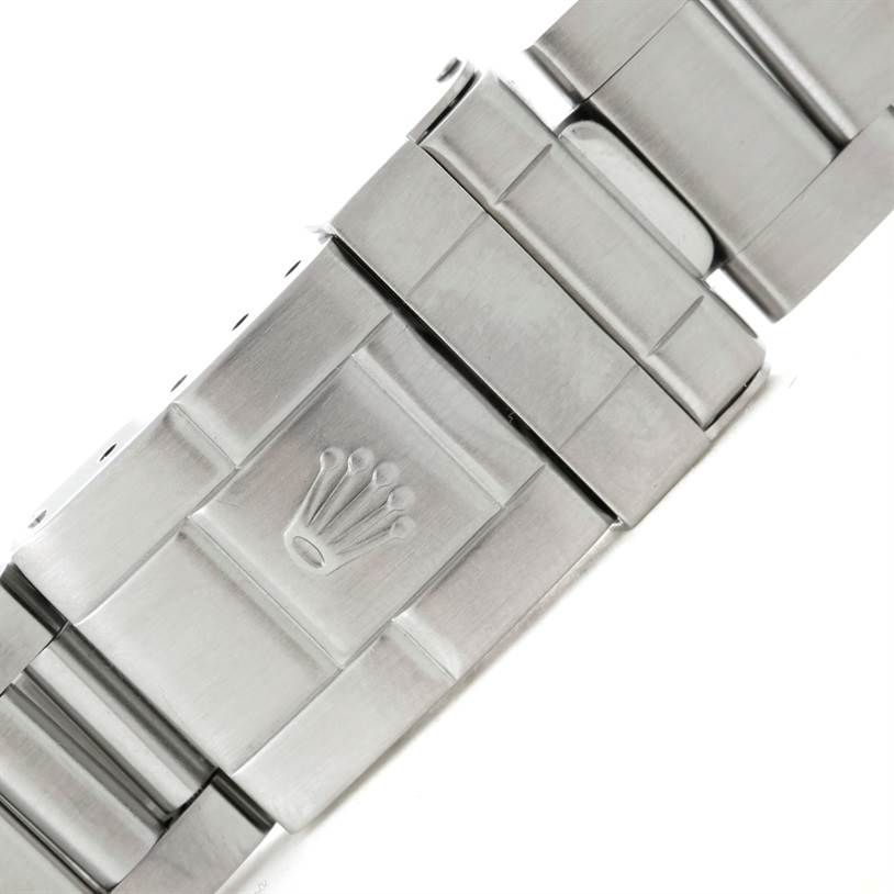The image shows a close-up of the clasp and bracelet links of a Rolex Explorer 114270 Men's Stainless Steel Black Dial 114270 Men's Stainless Steel Black Dial watch.