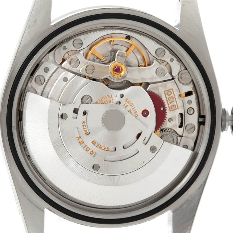 This image shows the internal movement components of a Rolex Explorer 114270 Men's Stainless Steel Black Dial 114270 Men's Stainless Steel Black Dial watch from a rear angle with the case back removed.