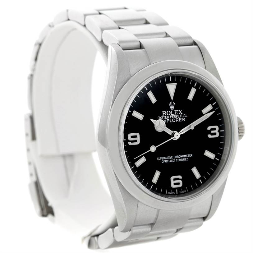 The image shows the front and part of the bracelet of the Rolex Explorer 114270 Men's Stainless Steel Black Dial 114270 Men's Stainless Steel Black Dial watch at a slight angle.