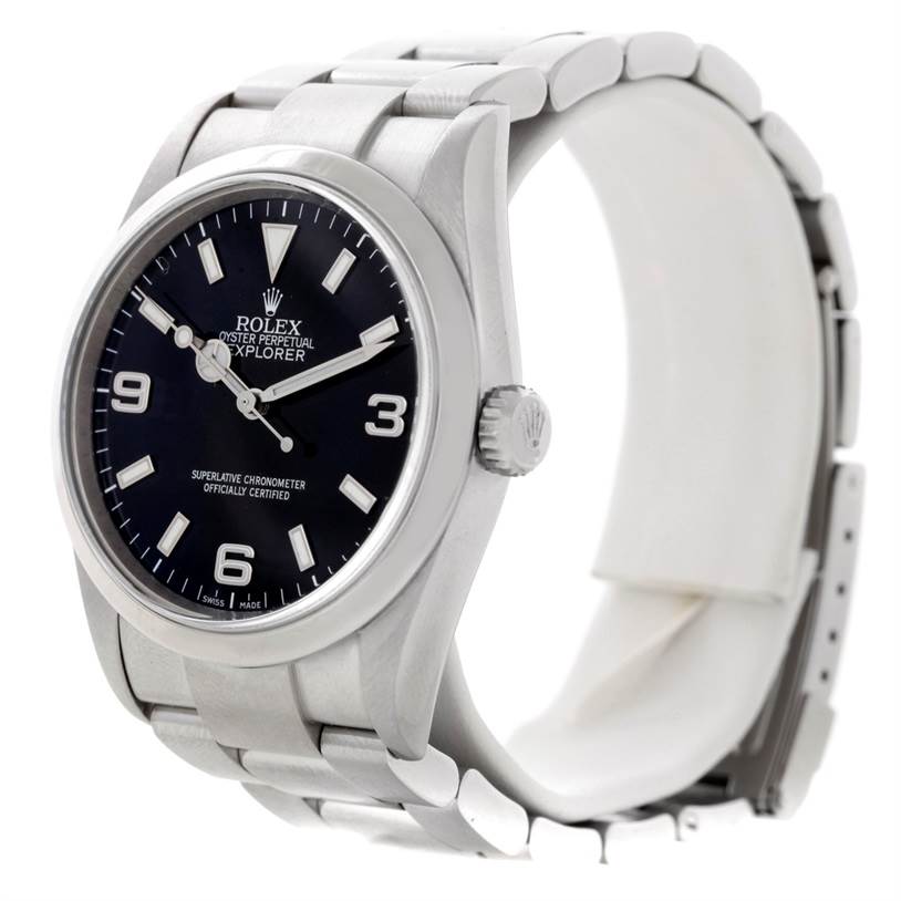 The image shows a side-angle view of a Rolex Explorer 114270 Men's Stainless Steel Black Dial 114270 Men's Stainless Steel Black Dial model watch, highlighting its dial, crown, and metal bracelet.