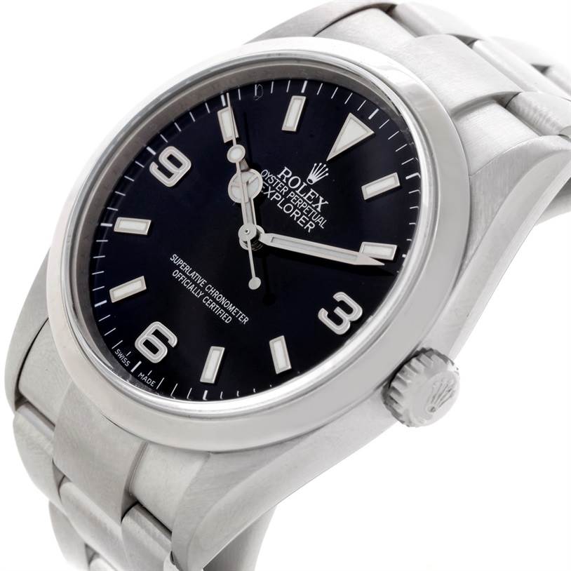 This image shows a close-up angle of the Rolex Explorer 114270 Men's Stainless Steel Black Dial 114270 Men's Stainless Steel Black Dial watch face, crown, and part of the bracelet.