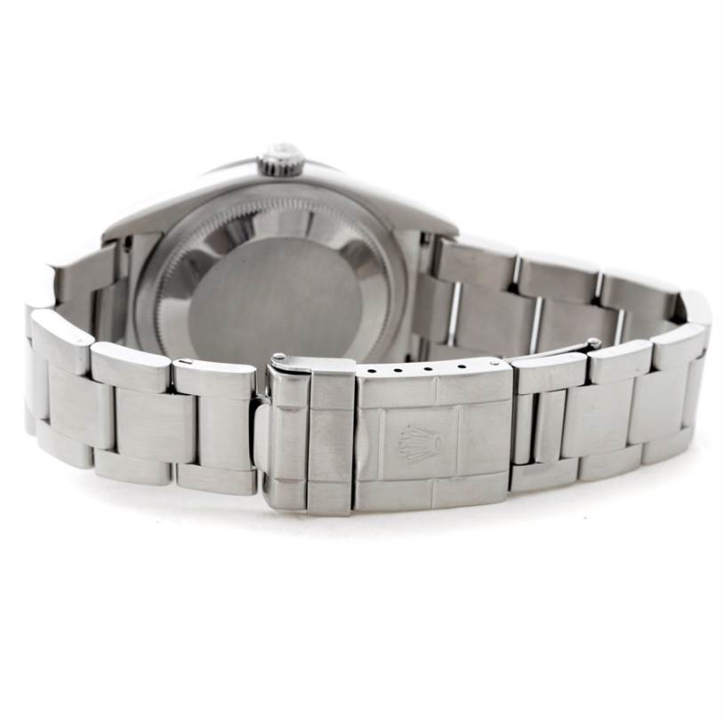 The image shows the back of the Rolex Explorer 114270 Men's Stainless Steel Black Dial 114270 Men's Stainless Steel Black Dial watch, highlighting the clasp and part of the bracelet.