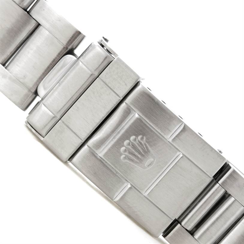 This image shows the clasp and part of the bracelet of a Rolex Explorer 14270 Men's Stainless Steel Black Dial 14270 Men's Stainless Steel Black Dial watch.