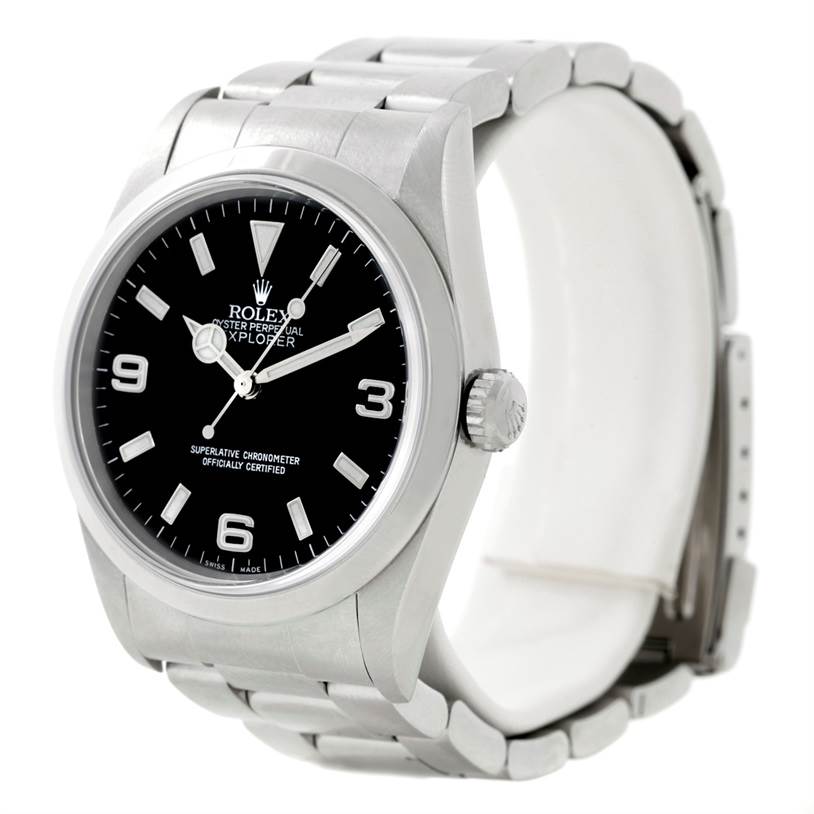 The image shows the front and side view of a Rolex Explorer 14270 Men's Stainless Steel Black Dial 14270 Men's Stainless Steel Black Dial watch, displaying the face, bezel, crown, and bracelet.