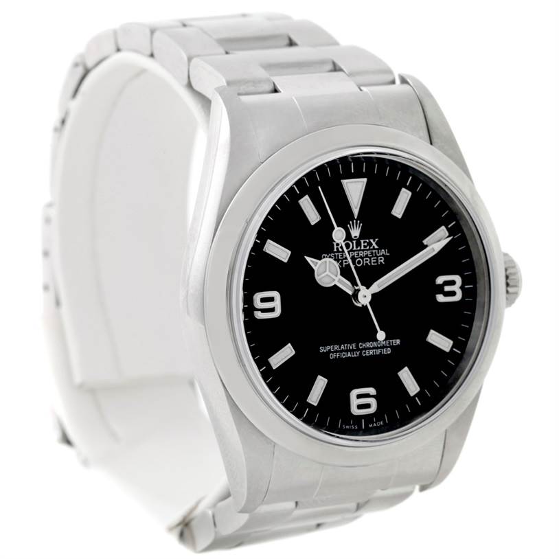 The Rolex Explorer 14270 Men's Stainless Steel Black Dial 14270 Men's Stainless Steel Black Dial watch is shown from a front-left angle, highlighting its black dial, stainless steel bracelet, and bezel.