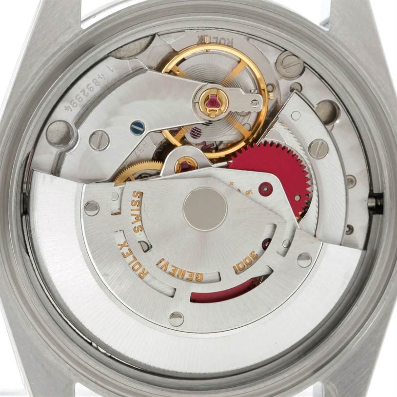 This image shows the back view of the movement mechanism inside a Rolex Explorer 14270 Men's Stainless Steel Black Dial 14270 Men's Stainless Steel Black Dial watch.