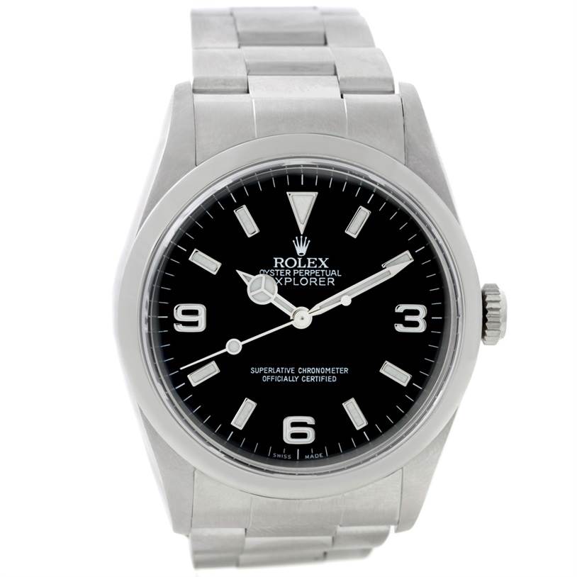 This image shows a front view of the Rolex Explorer 14270 Men's Stainless Steel Black Dial 14270 Men's Stainless Steel Black Dial watch, highlighting its black dial, hour markers, hands, and stainless steel bracelet.