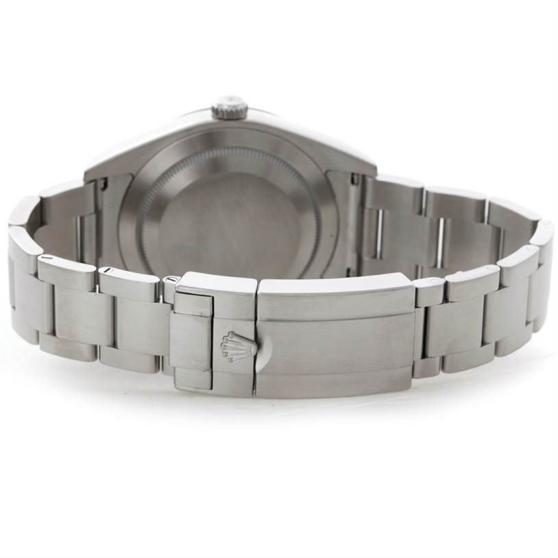 This image shows the back and clasp of a Rolex Explorer 214270 Men's Stainless Steel Black Dial 214270 Men's Stainless Steel Black Dial model watch from an angle revealing the bracelet and closed case back.