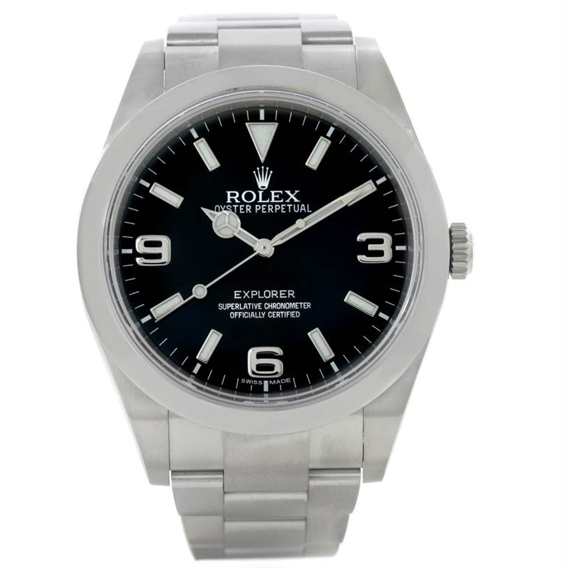 The image shows a front view of a Rolex Explorer 214270 Men's Stainless Steel Black Dial 214270 Men's Stainless Steel Black Dial watch, displaying its dial, case, and part of the bracelet.