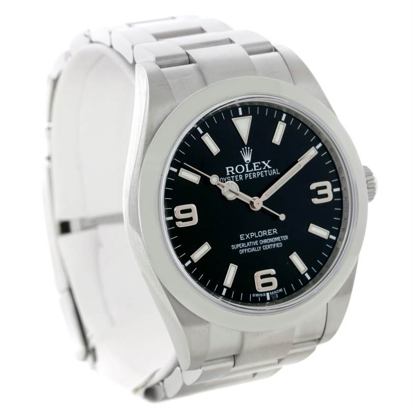 The image shows a Rolex Explorer 214270 Men's Stainless Steel Black Dial 214270 Men's Stainless Steel Black Dial model at a slight angle, highlighting the watch face, bezel, and metal bracelet.
