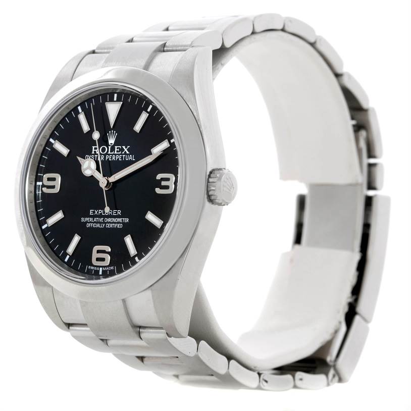 This is a Rolex Explorer 214270 Men's Stainless Steel Black Dial 214270 Men's Stainless Steel Black Dial watch viewed from a front-left angle, showing the dial, crown, and bracelet.