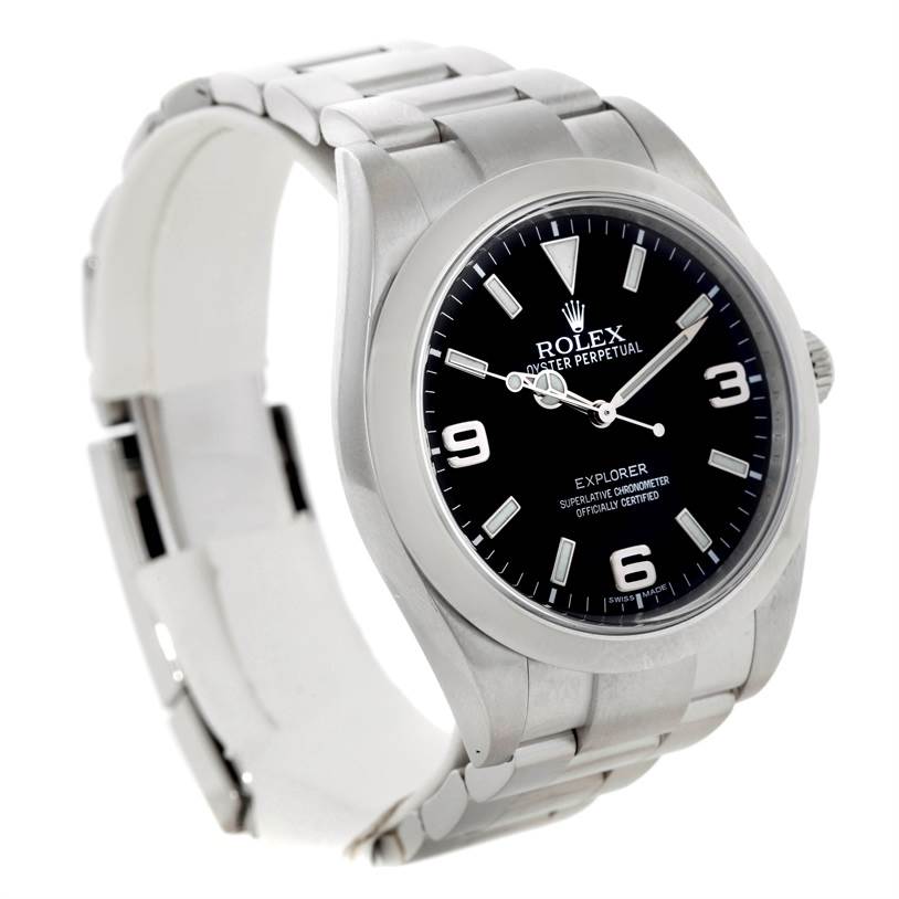 The image shows a Rolex Explorer 214270 Men's Stainless Steel Black Dial 214270 Men's Stainless Steel Black Dial watch at a slight side angle, presenting the face, bezel, and part of the bracelet.