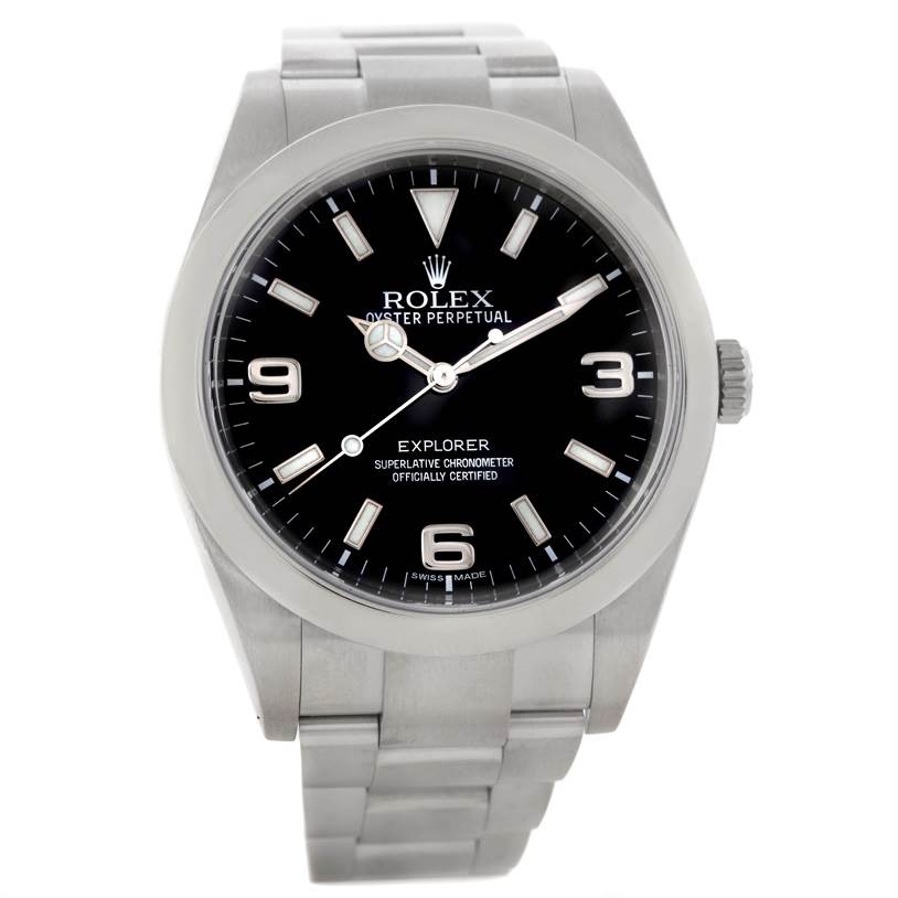 This image shows a Rolex Explorer 214270 Men's Stainless Steel Black Dial 214270 Men's Stainless Steel Black Dial watch front-on, highlighting the dial, hands, case, and part of the bracelet.