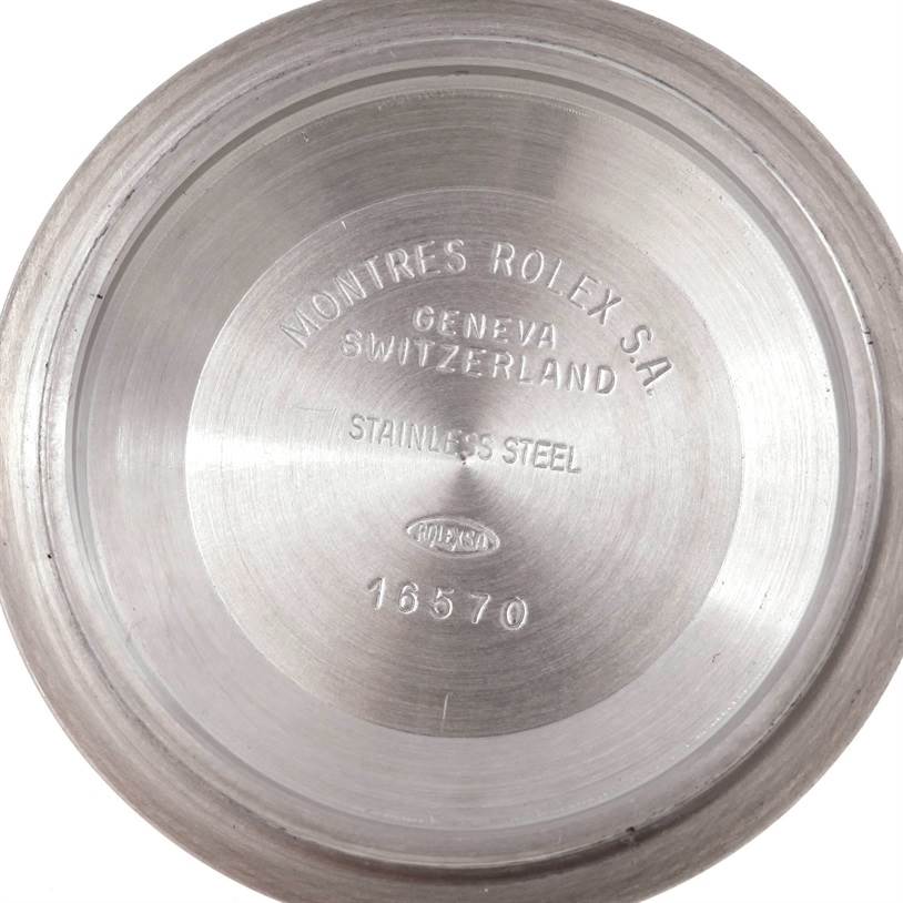 This is a close-up of the inner case back for a Rolex Explorer 16570 Men's Stainless Steel White Dial 16570 Men's Stainless Steel White Dial model.