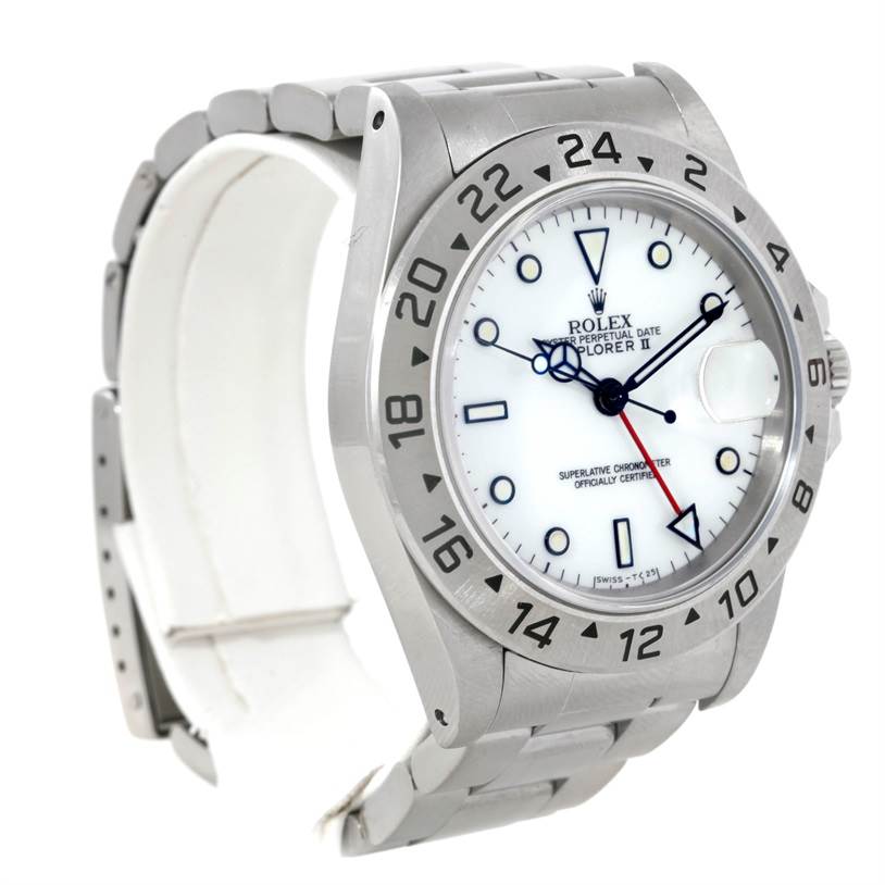 The image shows a Rolex Explorer 16570 Men's Stainless Steel White Dial 16570 Men's Stainless Steel White Dial watch at an angled side view, highlighting the face, bezel, and bracelet.