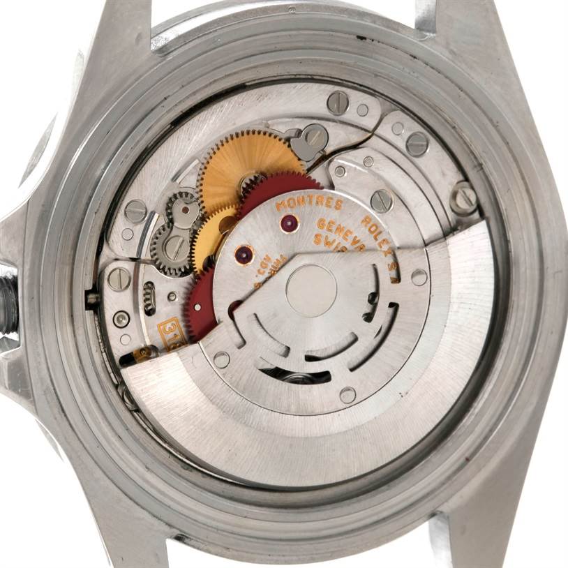 This image shows the movement and inner mechanism of a Rolex Explorer 16570 Men's Stainless Steel White Dial 16570 Men's Stainless Steel White Dial model watch from a close-up, rear angle.
